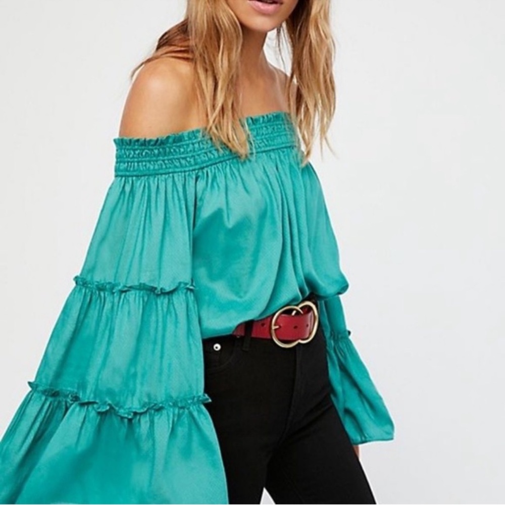 Free People Free Spirit Off The Shoulder Bell Sleeve Flowy Green Blouse Top XS